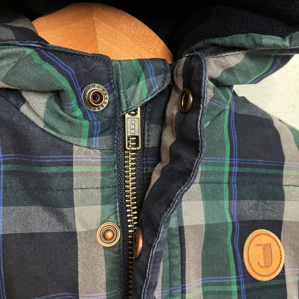 Jacadi Paris Hooded Puffer Jacket Navy &‎ Green Plaid Winter Outerwear 18 Months
